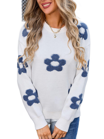 Flower Round Neck Long Sleeve Sweater