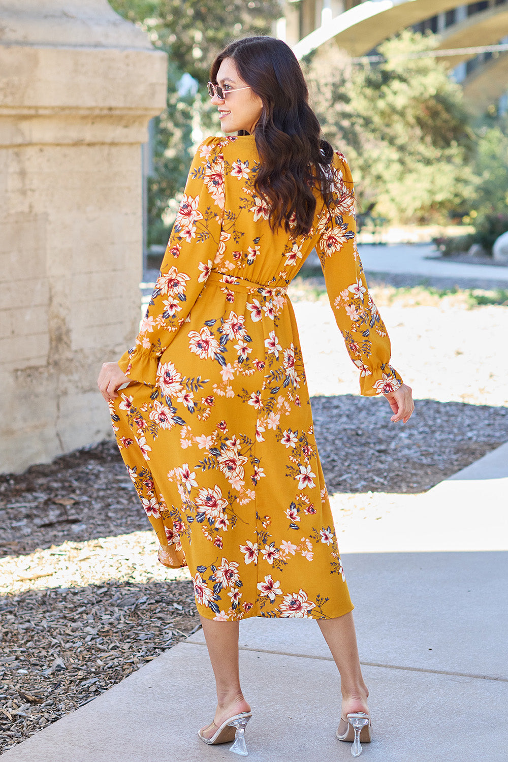 Full Size Floral Tie Back Flounce Sleeve Dress