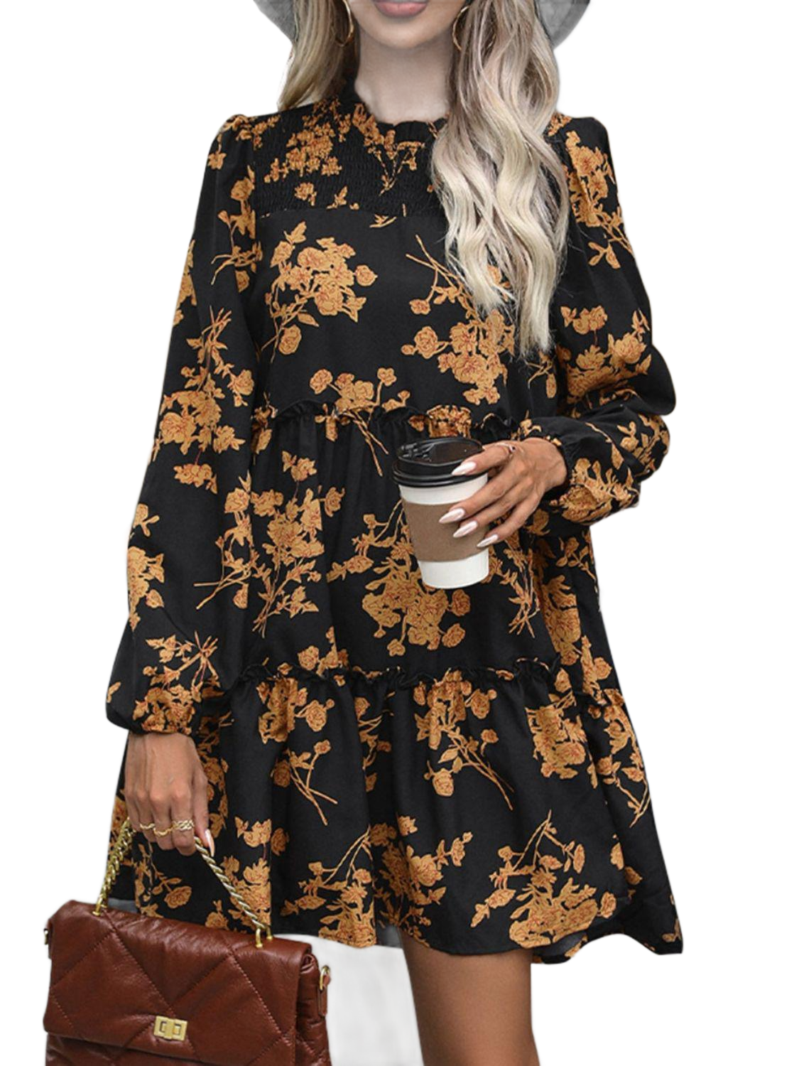 Frill Printed Long Sleeve Mini Dress