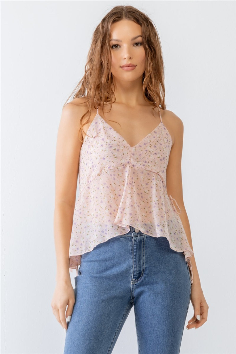 Miss Love / Kevin Co. Floral Print V-Neck Crisscross Back Flare Cami