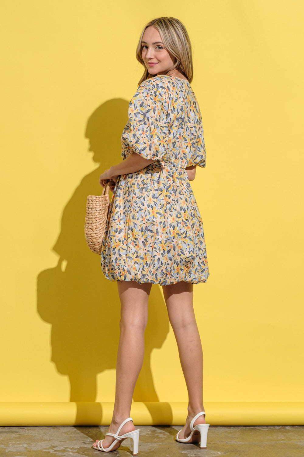 Full Size Floral Surplice Puff Sleeve Dress