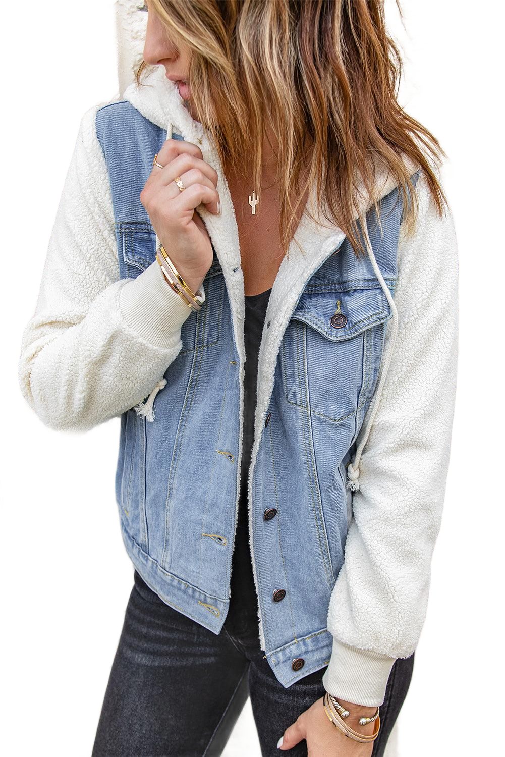 Two-Tone Spliced Denim Sherpa Hooded Jacket