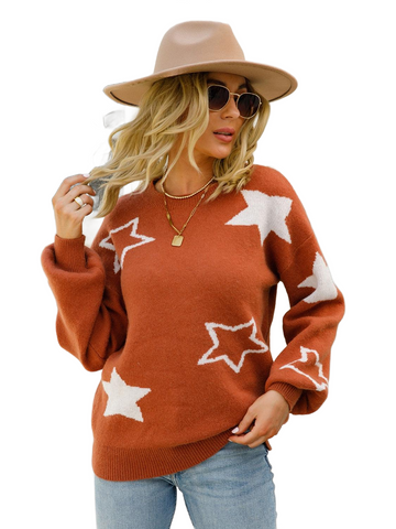 Star Round Neck Long Sleeve Sweater