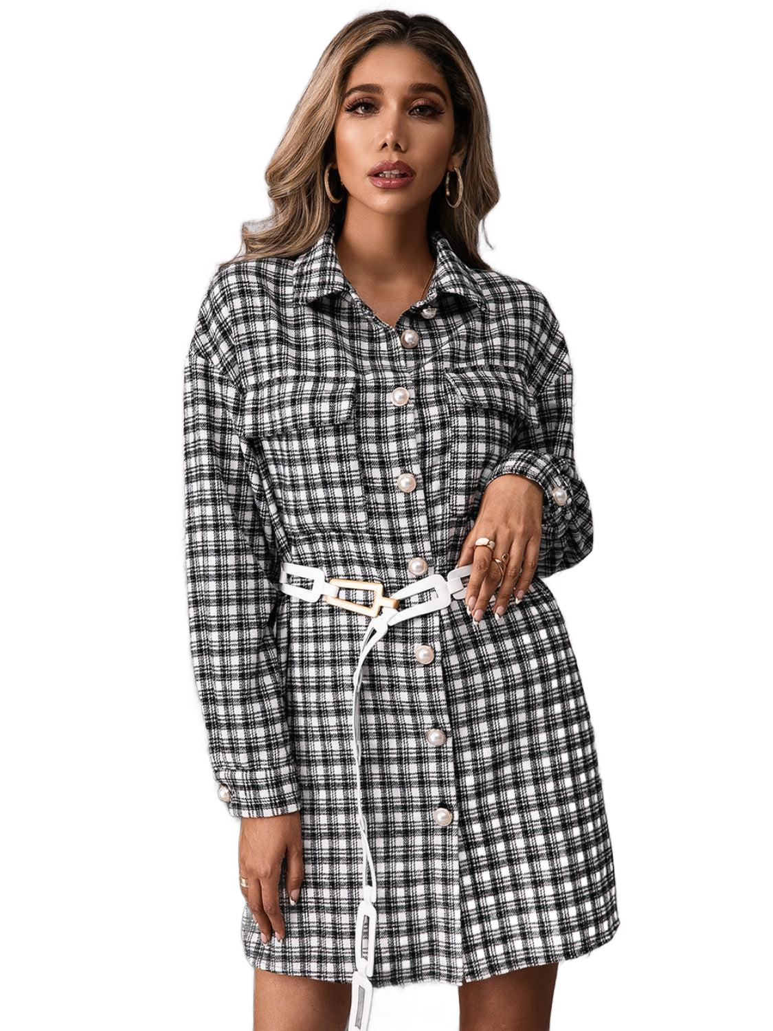 Pocketed Plaid Long Sleeve Mini Dress