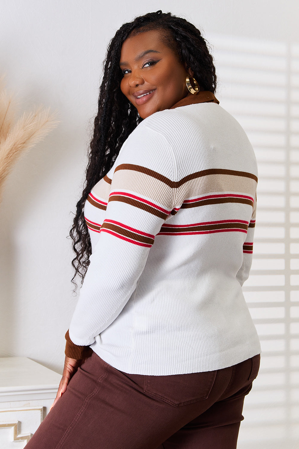 Striped Collared Neck Rib-Knit Top