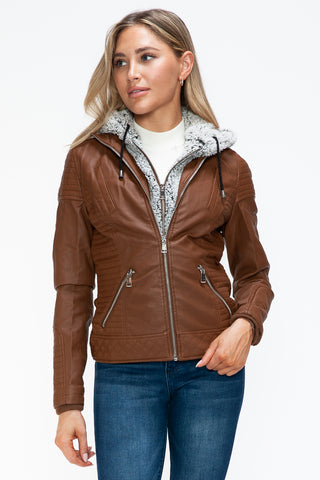 PMI Faux Layered Double-Zipper Jacket with Fuzzy Hood