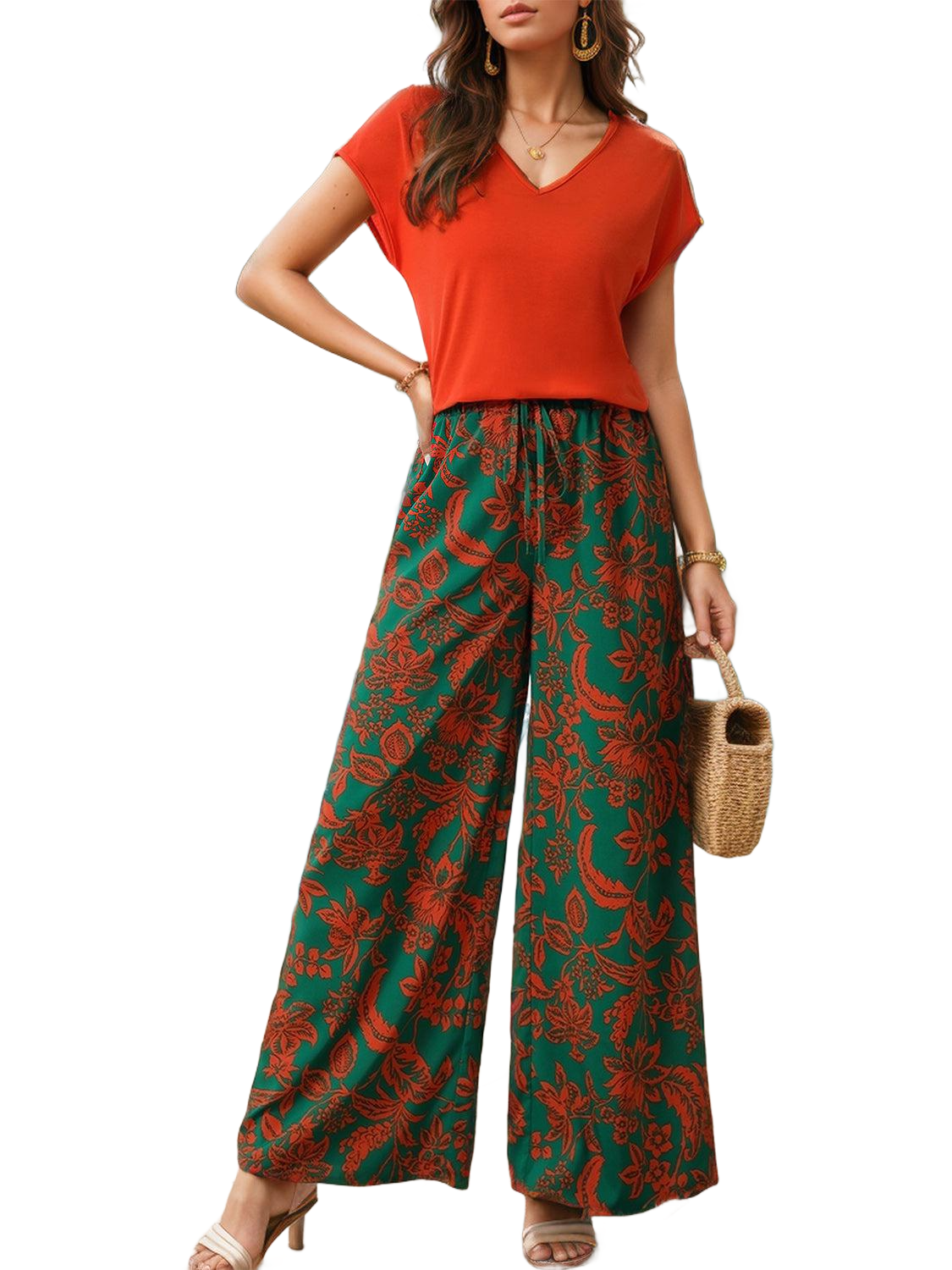 V-Neck Short Sleeve Top and Printed Pants Set