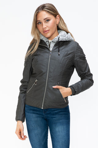 PMI Faux Layered Double-Zipper Jacket with Fuzzy Hood