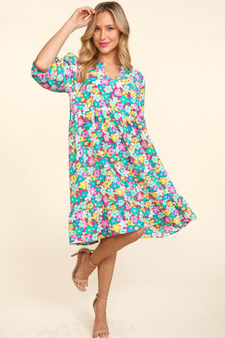 Bubble Sleeve Floral Ruffled Dress