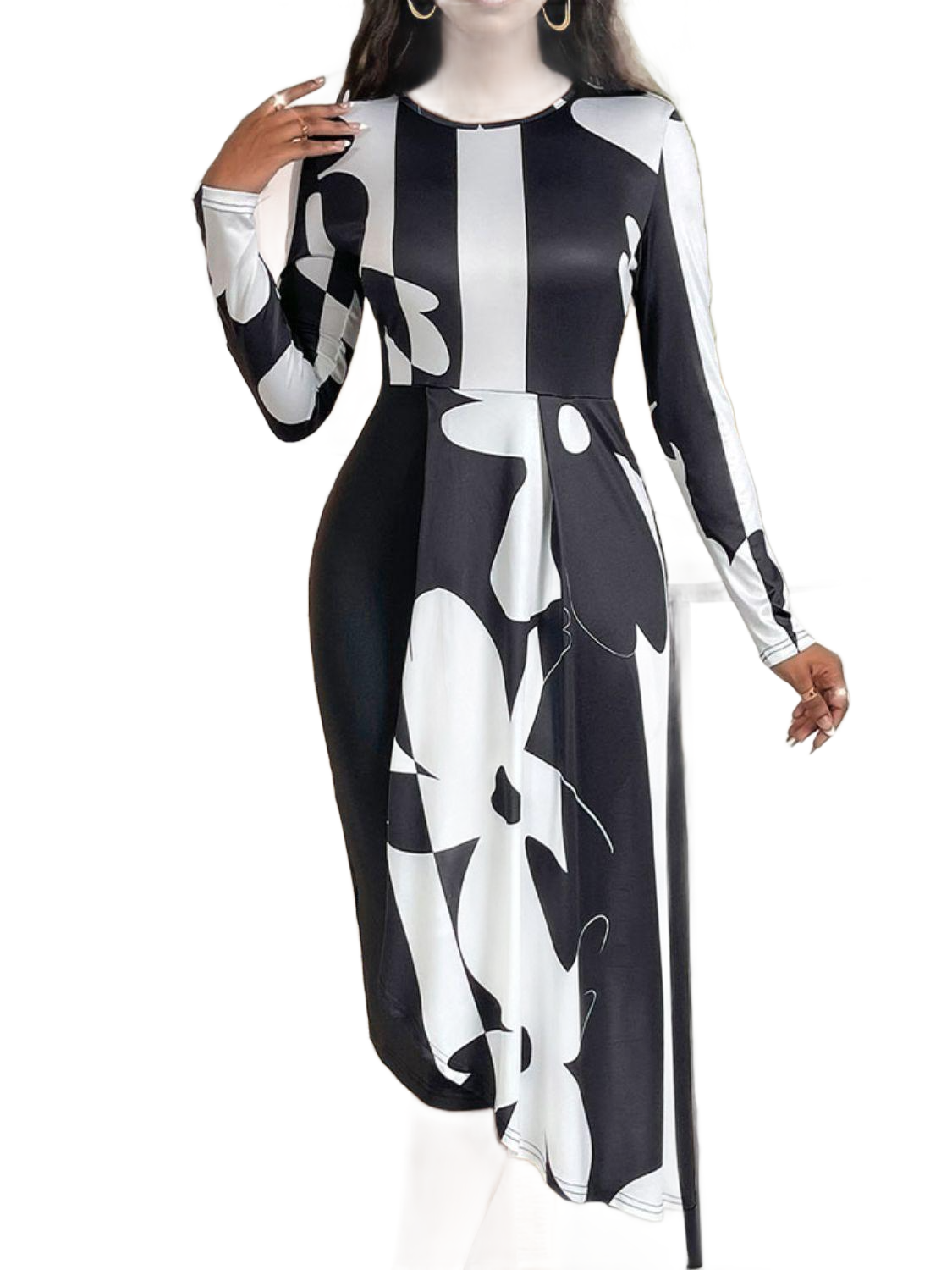 Asymmetrical Slit Round Neck Long Sleeve Midi Dress