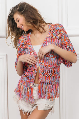 Bib Open Front Fringed Crop Knit Cardigan