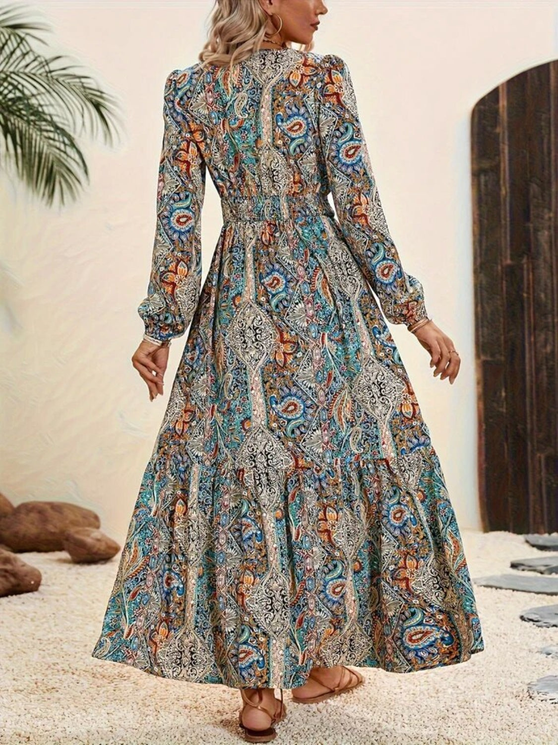 Printed Tie Neck Long Sleeve Maxi Dress