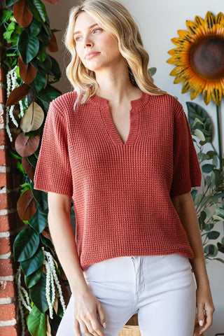 Notched Short Sleeve Knit Top