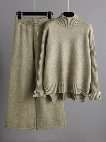 Basic Be High-Low Turtleneck Long Sleeve Top and Pants Sweater Set