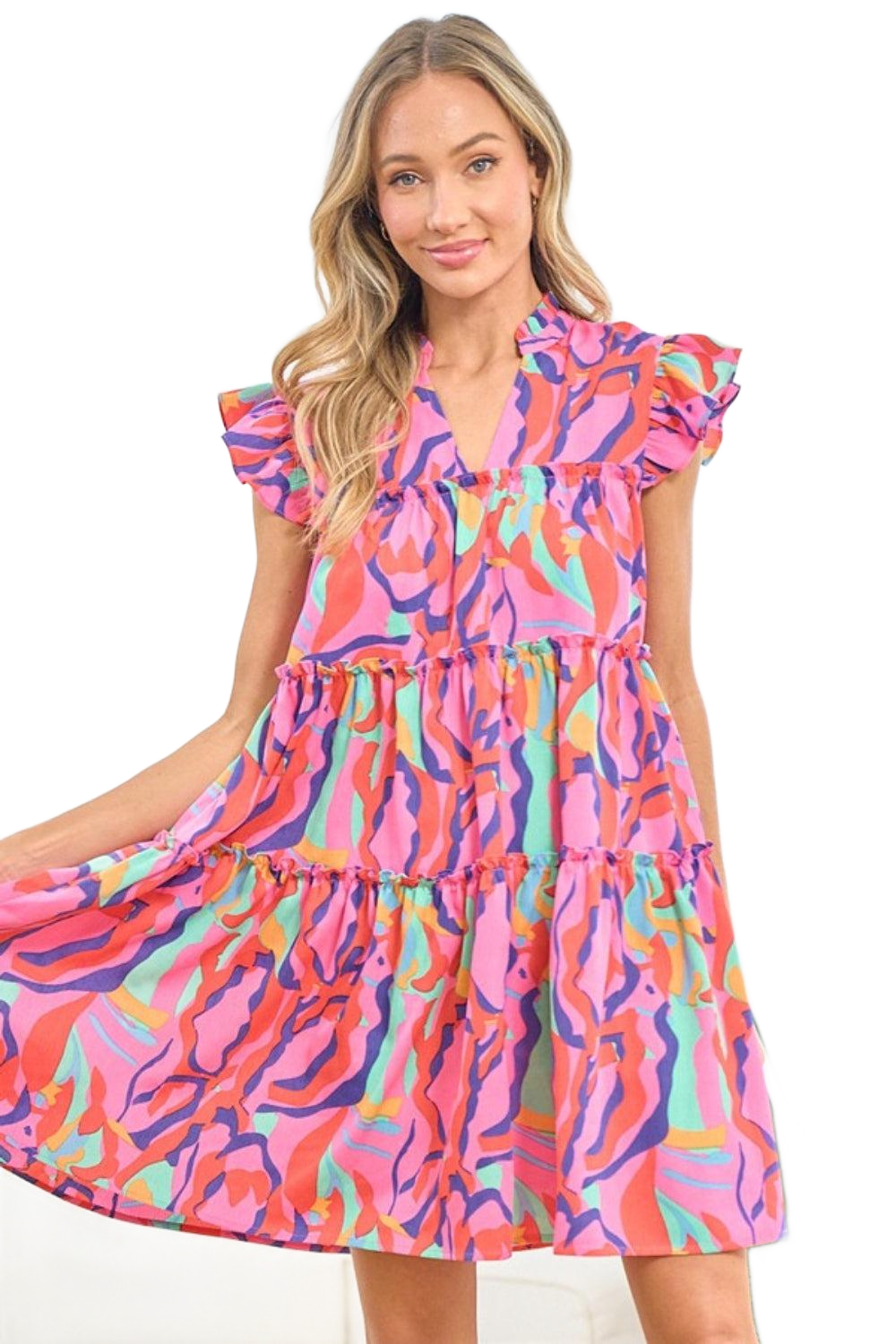 Full Size Printed Ruffle Cap Sleeve Tiered Dress