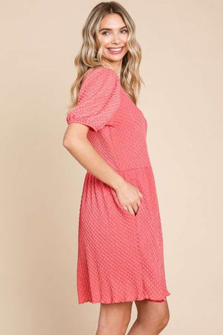 Full Size Textured Round Neck Puff Sleeve Dress