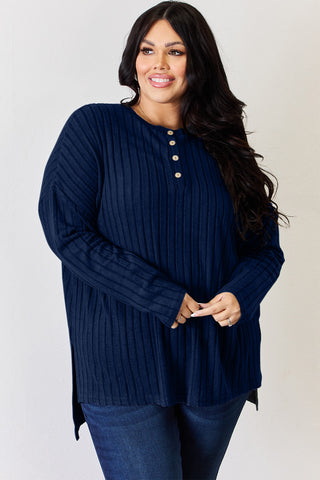 Full Size Ribbed Half Button Long Sleeve High-Low T-Shirt