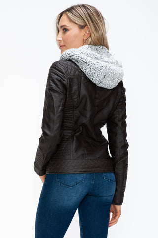 MI Faux Layered Double-Zipper Jacket with Fuzzy Hood