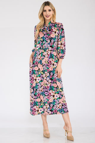 Full Size Floral Midi Dress with Bow Tied