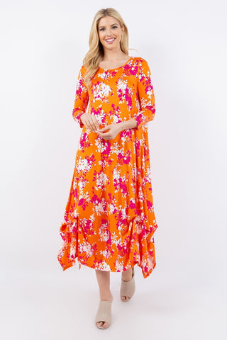 Full Size Pick-Up Hem Asymmetric Floral Midi Dress