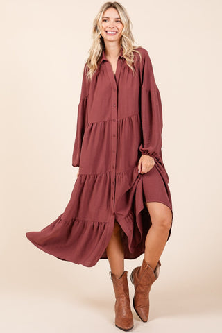 Photoshop Tiered Button Down Long Sleeve Midi Dress