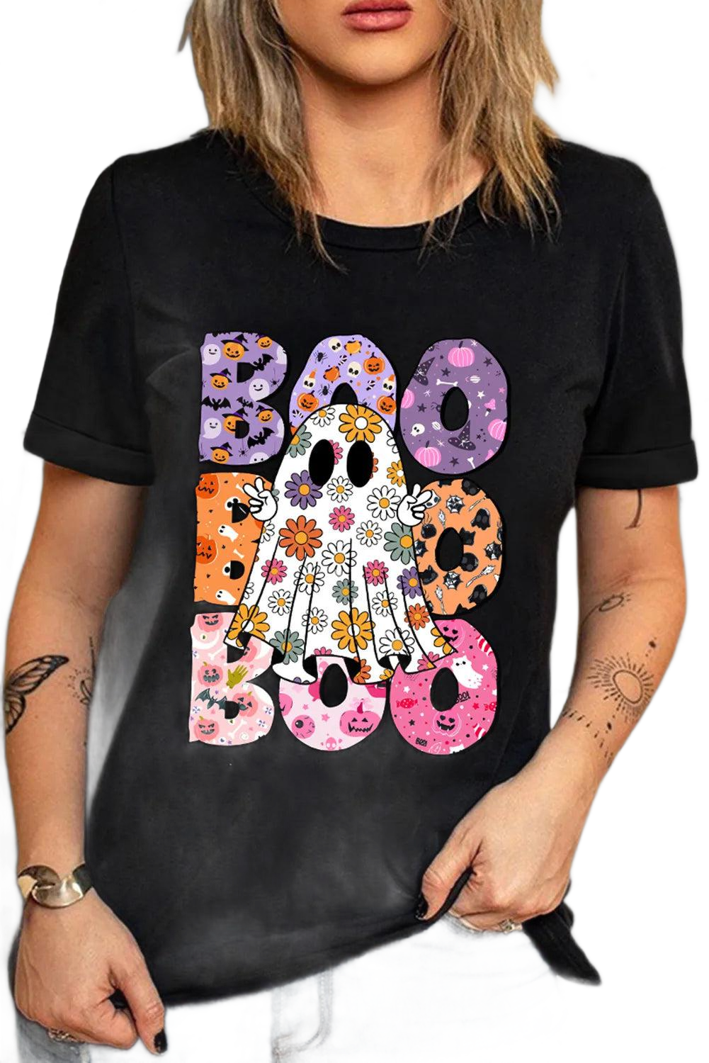 BOO, Ghost Graphic Round Neck Short Sleeve T-Shirt