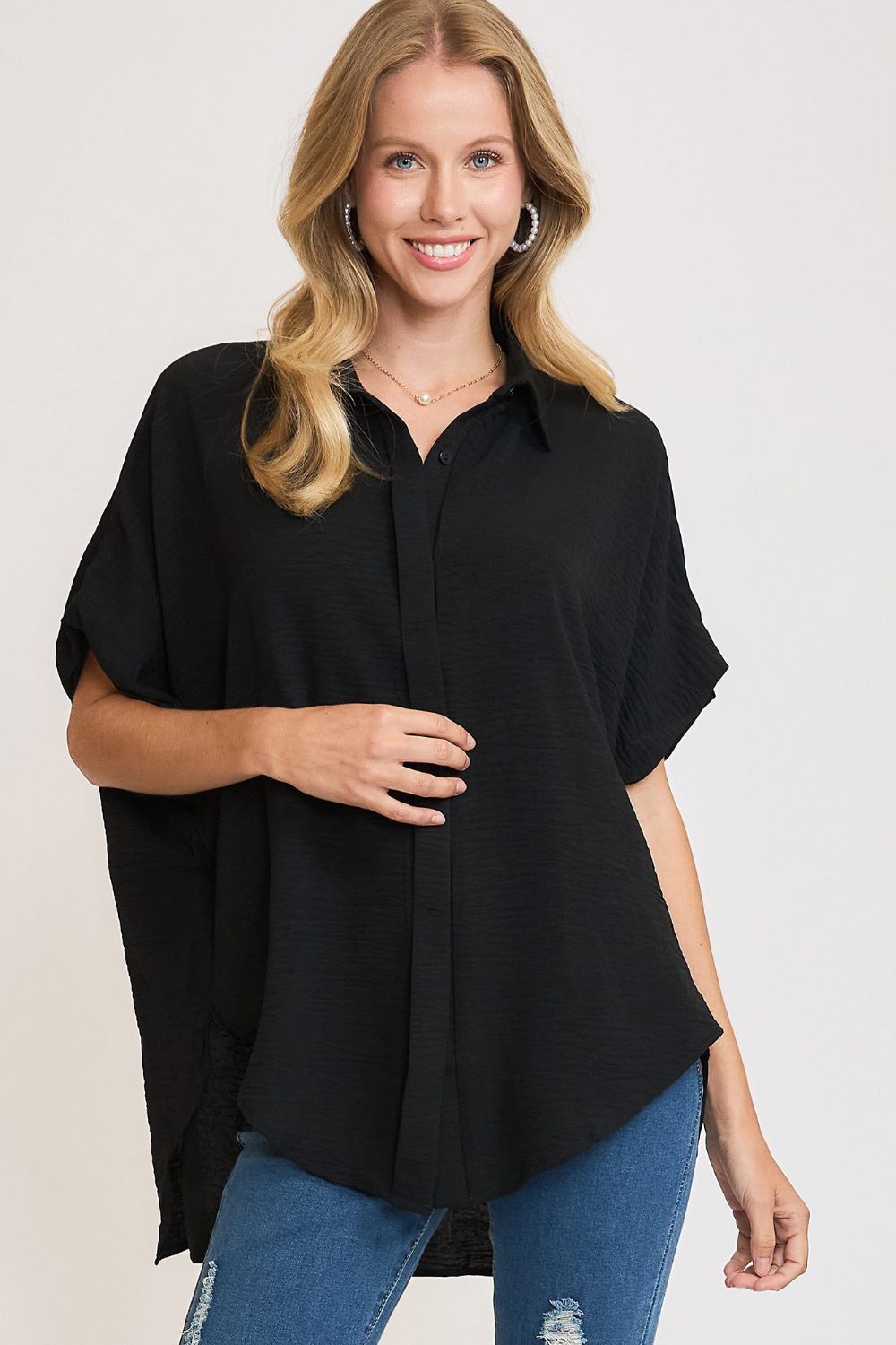 Full Size High-Low Button Up Short Sleeve Shirt