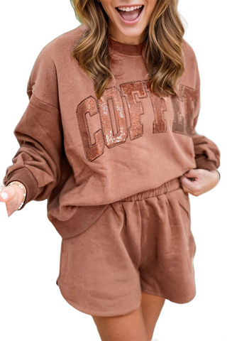 COFFEE Sequin Round Neck Long Sleeve Top and Shorts Set