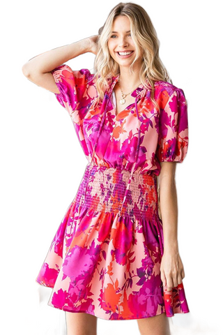 Floral Short Sleeve Smocked Mini Dress