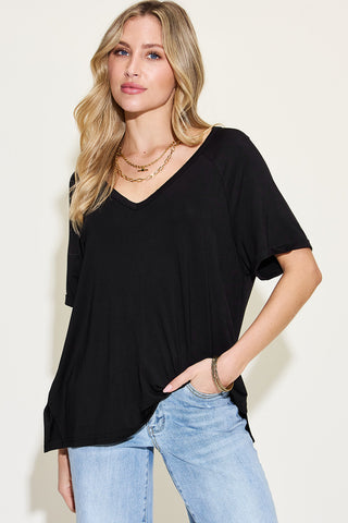 Full Size Slit V-Neck Short Sleeve T-Shirt