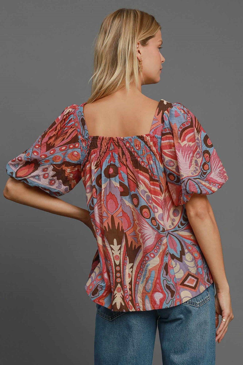 Full Size Abstract Print Smocked Square Neck Puff Sleeve Blouse