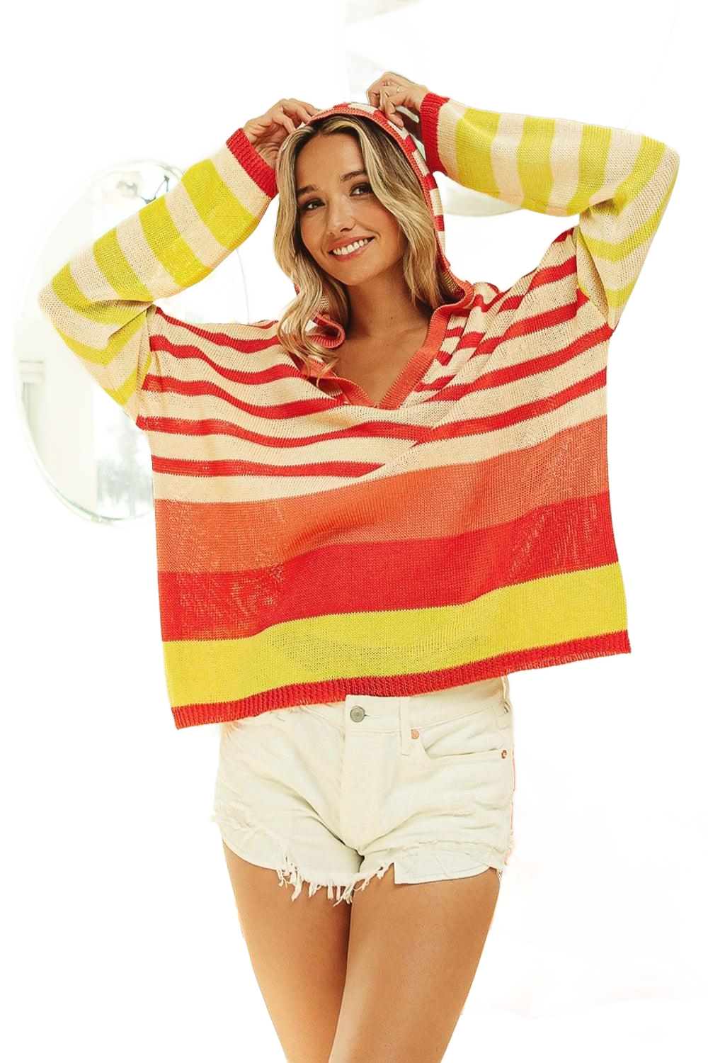 Striped Color Block Hooded Knit Top