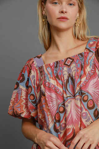 Full Size Abstract Print Smocked Square Neck Puff Sleeve Blouse