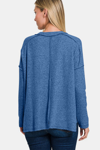 Full Size Exposed Seam Brushed Round Neck Sweater