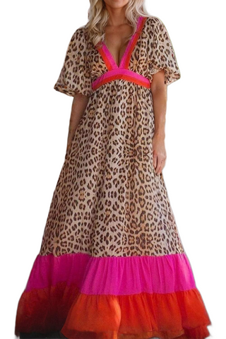 Full Size Leopard V-Neck Half Sleeve Maxi Dress