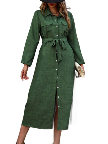 Collared Neck Long Sleeve Midi Shirt Dress