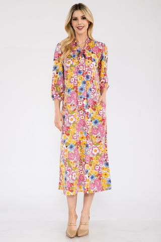 Full Size Floral Midi Dress with Bow Tied