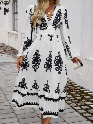 Ruffled Printed Plunge Long Sleeve Dress