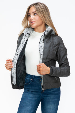 PMI Faux Layered Double-Zipper Jacket with Fuzzy Hood