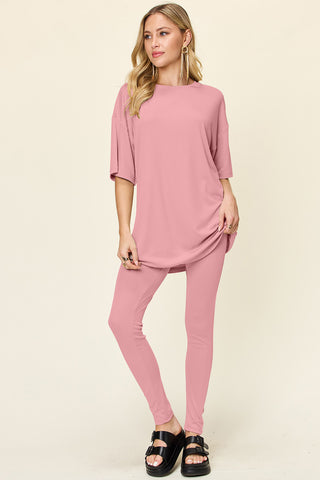 Full Size Round Neck Dropped Shoulder T-Shirt and Leggings Set