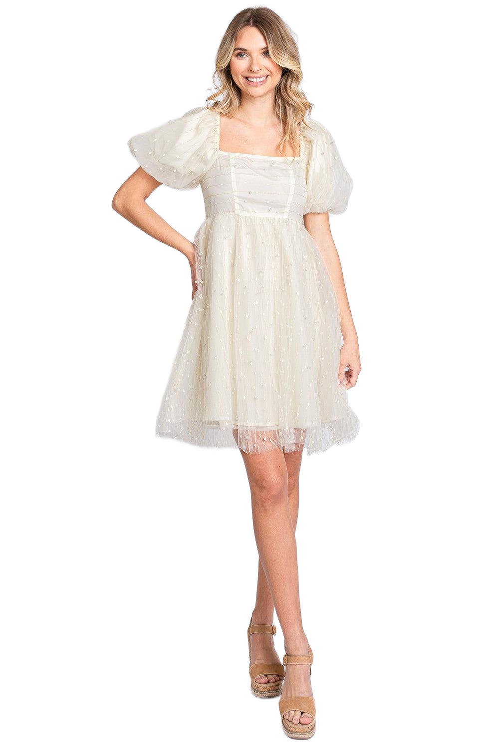 Pearl Mesh Puff Sleeve Baby doll Dress