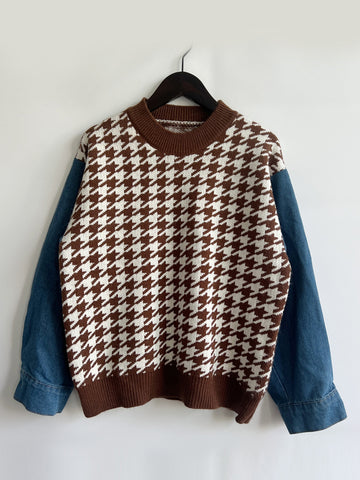 Hounds tooth Denim Sleeve Sweater