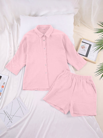 Texture Button Up Shirt and Shorts Set