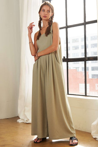 A Square Neck Wide Leg Overalls with Pockets