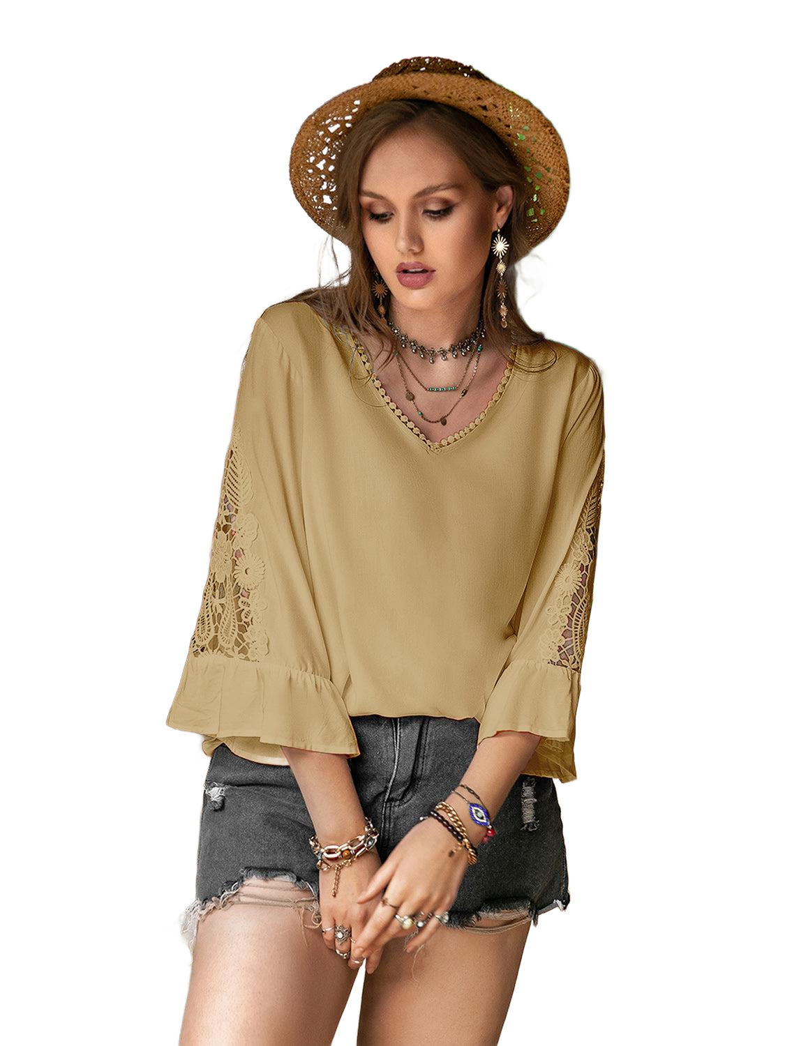 Plus Size Lace Detail V-Neck Flounce Sleeve Blouse