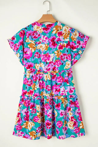 Ruffled Printed Notched Short Sleeve Mini Dress