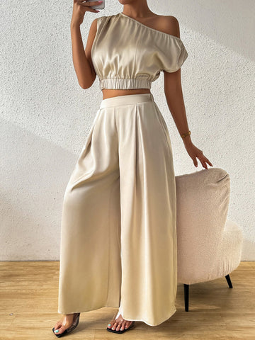 One Shoulder Short Sleeve Top and Wide Leg Pants Set