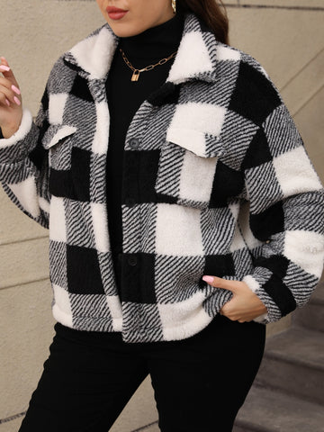 Plus-Size Pocketed Plaid Collared Neck Jacket