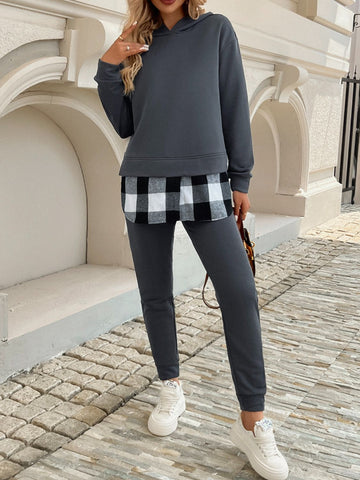 Plaid Long Sleeve Hooded Top and Pants Set