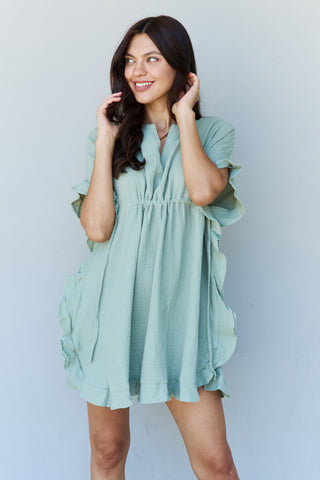 Full Size Ruffle Hem Dress with Drawstring Waistband in Light Sage